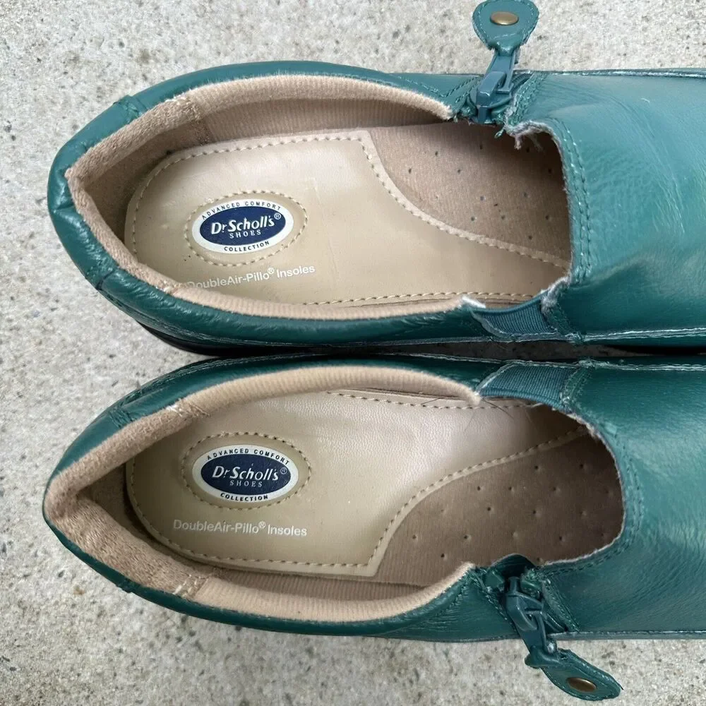 Dr Scholls Side Zip‎ Loafers Women Sz 8.5 W Green Comfort E4H-PY 902337 Leather